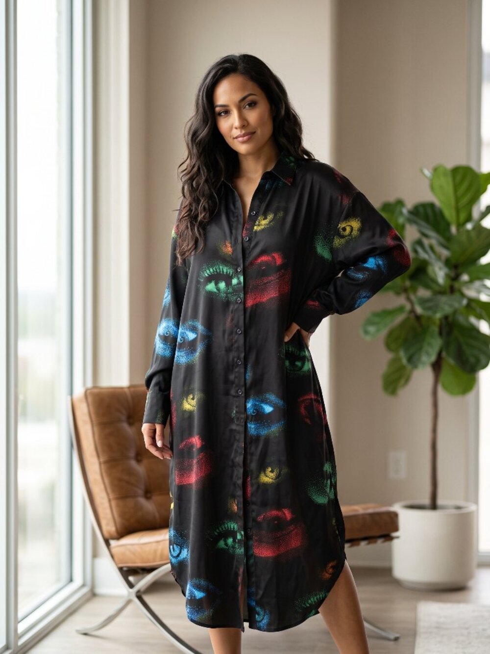 NWT Live 4 Truth Abstract Watercolor Longline Duster Shirt Black Multi L